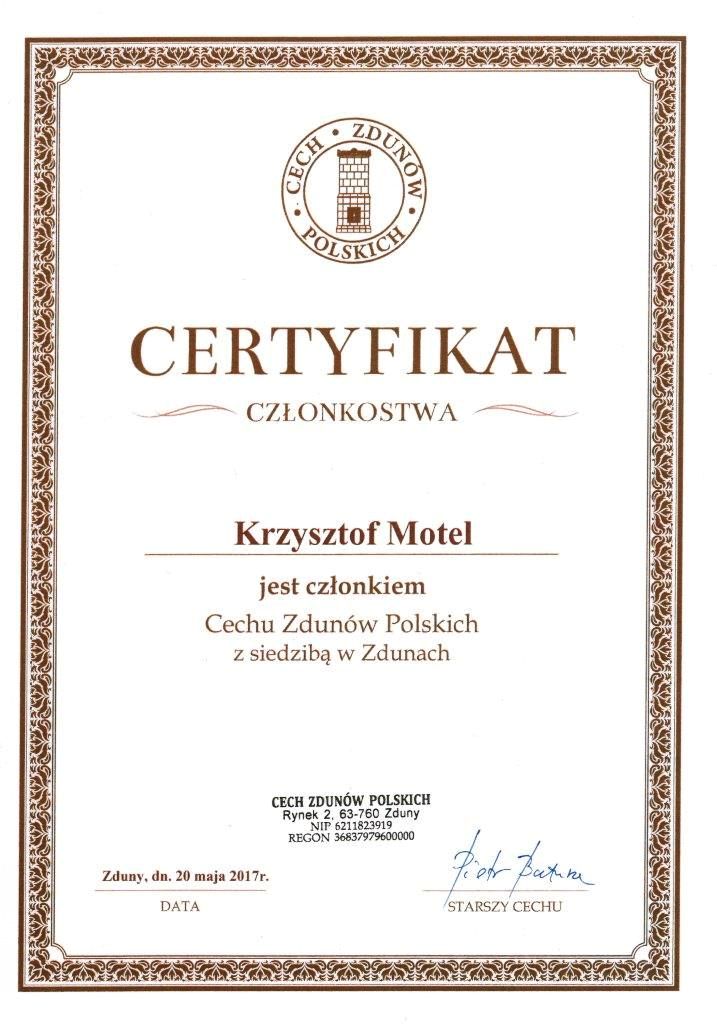 Cech zdunów Polskich - certyfikat członkostwa dla Krzysztofa Motel